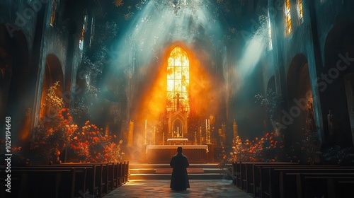 a spiritual scene inside a church featuring a person in prayer with a holy bible surrounded by warm light embodying faith reverence and inner peace in a sacred space