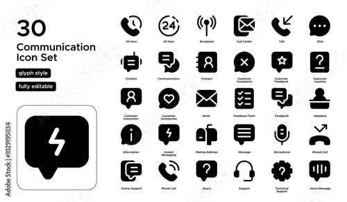 Communication Glyph Icon Set: Messaging, Voice Calls, and Information Exchange Icons