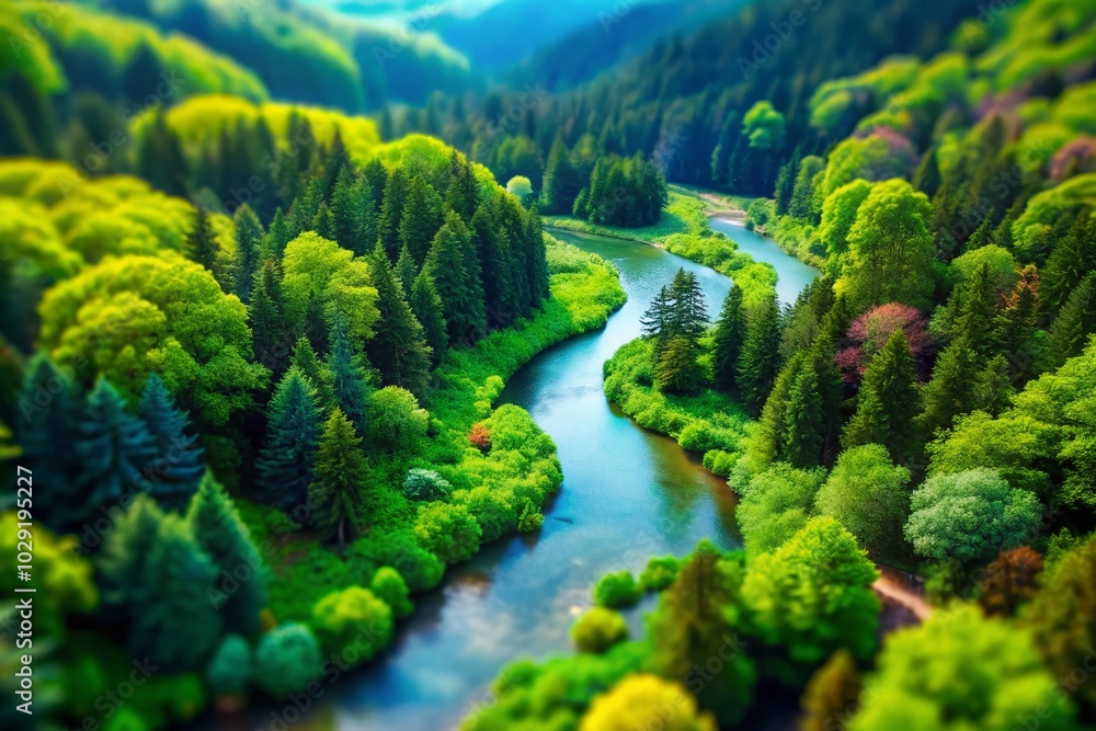 Aerial View of Winding River in Lush Forest - Tilt-Shift Photography for Nature Lovers Aerial View of Winding River in Lush Forest - Tilt-Shift Photography for Nature Lovers