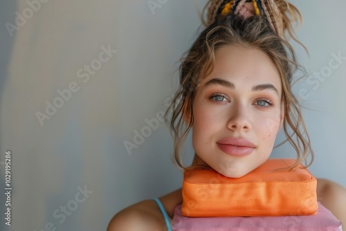 Woman with yoga blocks, white background, fitness support photo