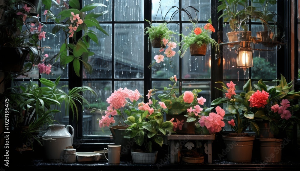 Summer rain a refreshing scene of raindrops on vibrant flowers and lush greenery Summer rain a refreshing scene of raindrops on vibrant flowers and lush greenery