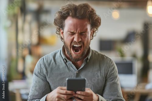 Frustrated Man Shouting at Smartphone in Office Stress, Technology Overload, Workplace Pressure