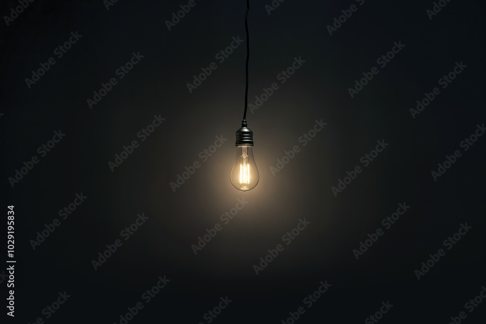 Single light bulb hangs and burns from the ceiling. Single light bulb hangs and burns from the ceiling.