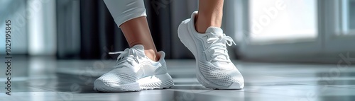 Woman with running shoes, white background, athletic footwear