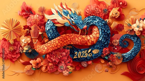 A bold paper-cut illustration of a snake mascot wrapped around "2025," surrounded by traditional Chinese New Year symbols like firecrackers and gold ingots,