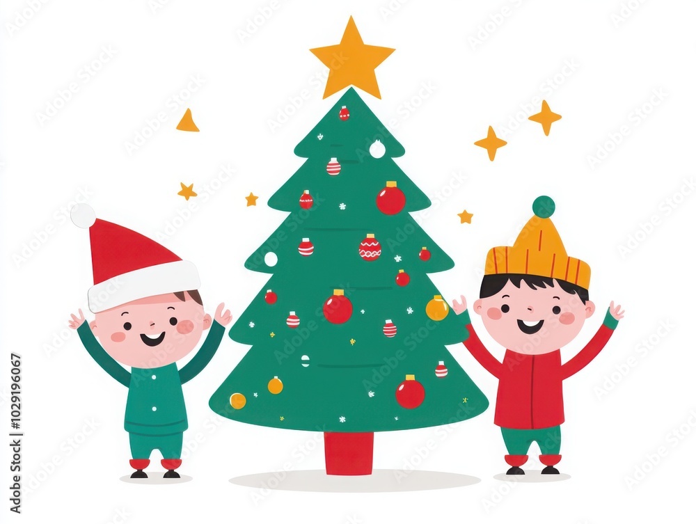 Joyful Children Decorating Christmas Tree Joyful Children Decorating Christmas Tree