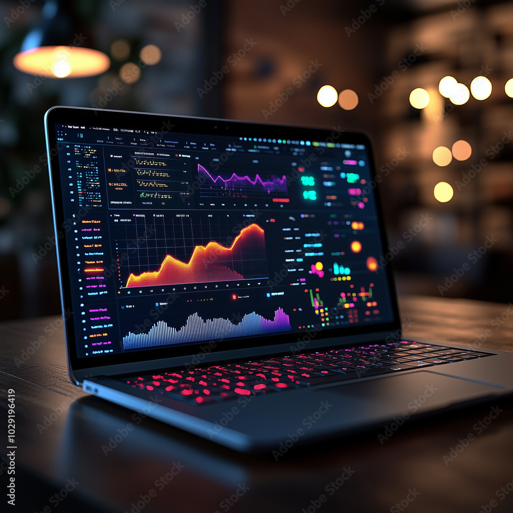 A laptop displaying a graph of stock market data. The laptop is on a table in a dimly lit room A laptop displaying a graph of stock market data. The laptop is on a table in a dimly lit room