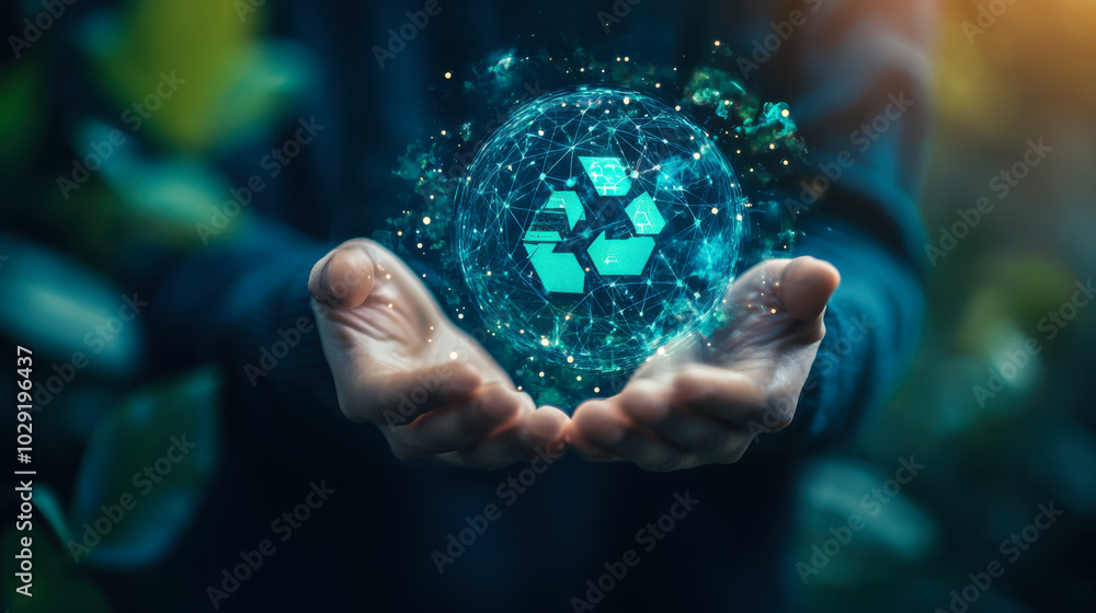 A person holds a glowing recycling symbol in their hands, symbolizing sustainability efforts and environmental awareness in nature A person holds a glowing recycling symbol in their hands, symbolizing sustainability efforts and environmental awareness in nature