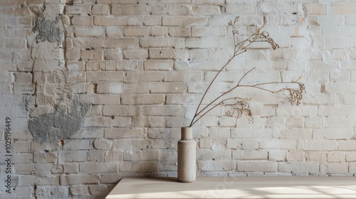 Dried Flower Arrangement in a Ceramic Vase Against a Brick Wall photo