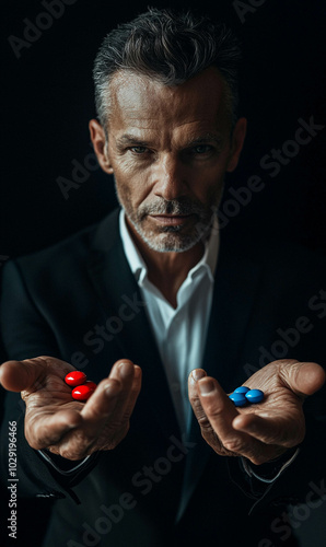 a 55 years old american man in business look holding red pill on his left hand and blue pill on his right hand