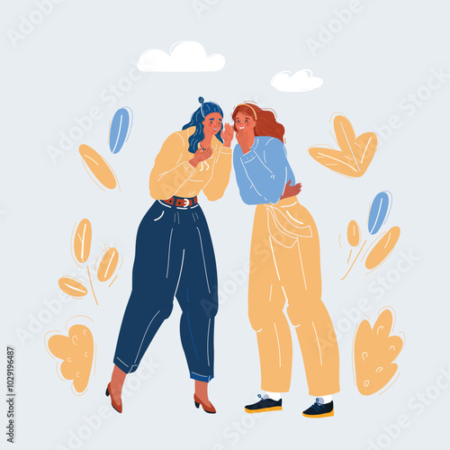 Cartoon vector illustration of woman telling secrets to each other. Gossips and rumors concept