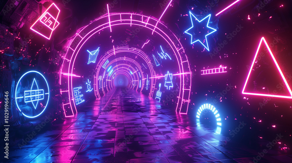 A glowing neon tunnel filled with futuristic geometric symbols and digital elements, creating a vibrant, cyberpunk atmosphere.
A glowing neon tunnel filled with futuristic geometric symbols and digital elements, creating a vibrant, cyberpunk atmosphere.
