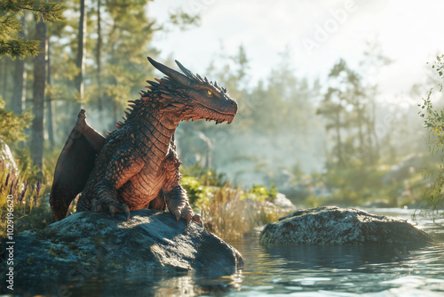 A young mystical dragon surveys a stream near its lair photo