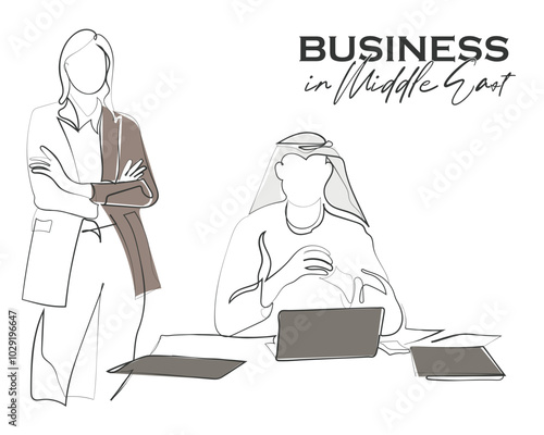 Hand drawn line art vector of an Arab man sitting in his office. Middle eastern ceo concept. Emirati businesspeople.