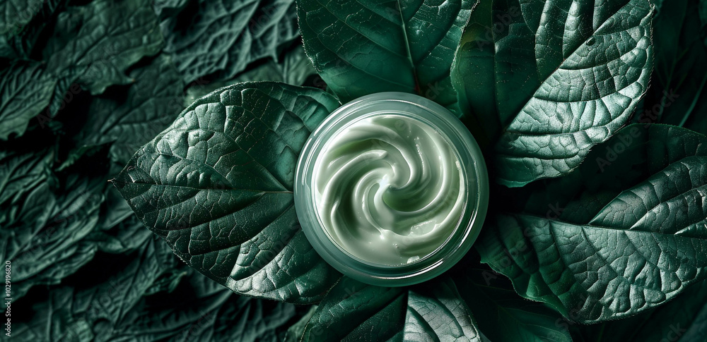 Fototapeta premium A cream jar filled with a creamy texture sits on top of an oversized green leaf, surrounded by soft natural light