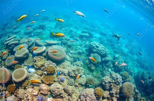 A vibrant coral reef underwater, teeming with colorful fish, sea turtles, and a variety of marine life in crystal-clear water.