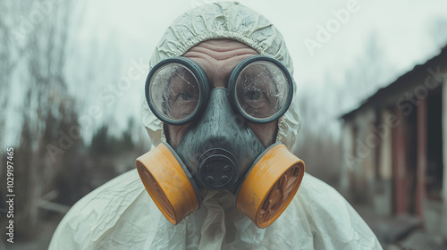 Man in a Gas Mask and Protective Suit photo