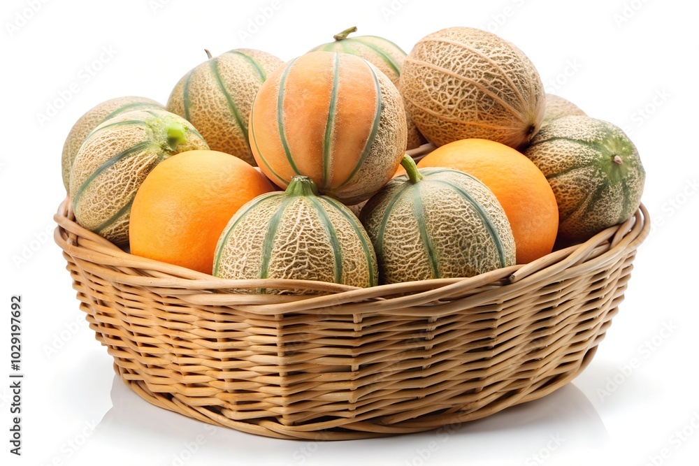 Lots of Cantaloupe in a basket on white background Lots of Cantaloupe in a basket on white background