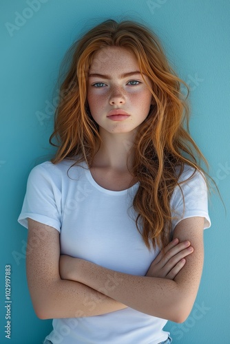 Portrait of RedHaired Girl in White TShirt against Blue Wall photo