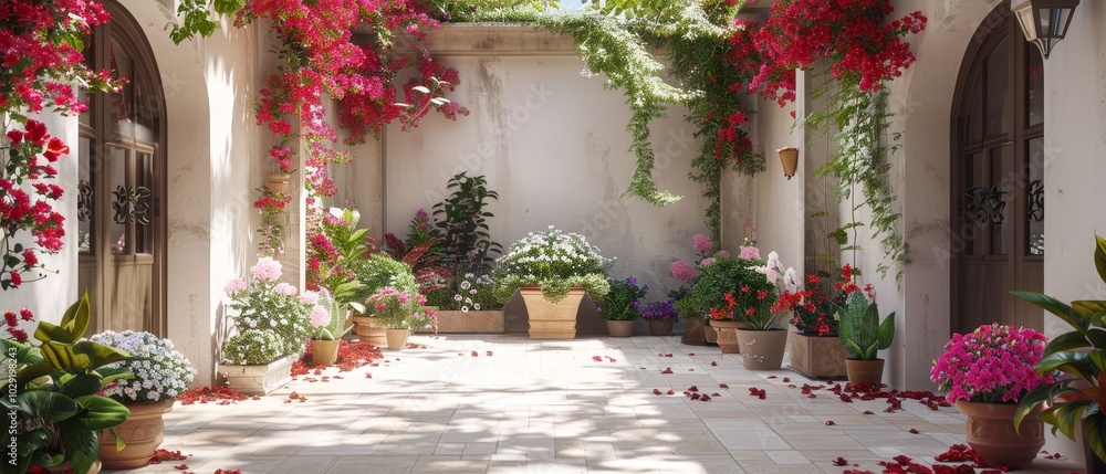 Fototapeta premium Lush Garden with Vibrant Flowers and Tranquil Ambiance