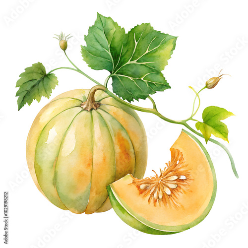 Watercolor hand drawn Cantaloupe with leaves stems on white background