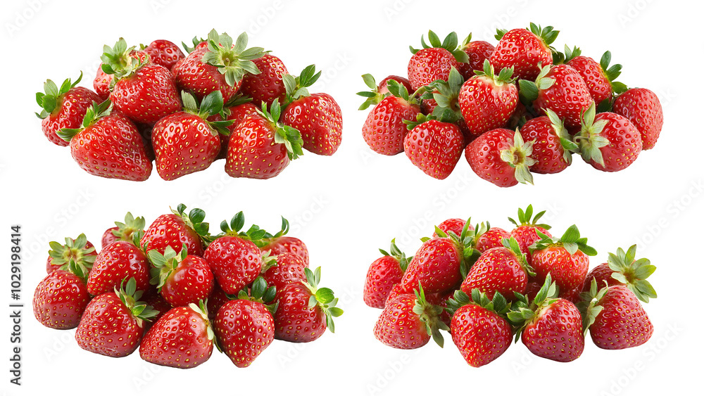 Four groups of fresh strawberries, red with green leaves on a transparent background. Four groups of fresh strawberries, red with green leaves on a transparent background.