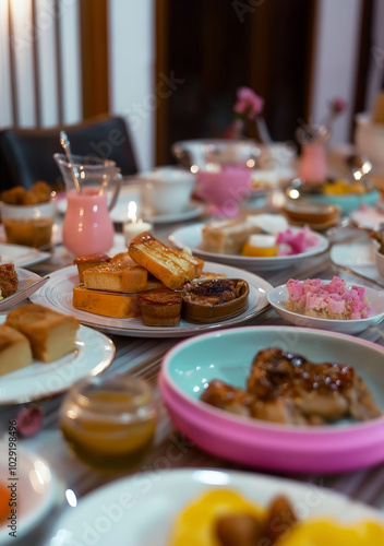 Traditional sweets and desserts beautifully arranged on a festive table setting for Ramadan