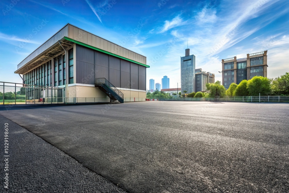 Forced perspective asphalt court with dump yard and single building Forced perspective asphalt court with dump yard and single building