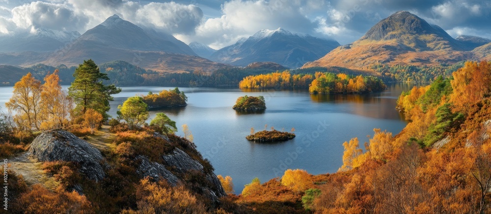 Obraz premium Panoramic view of a lake with mountains in the background and autumn trees in the foreground.