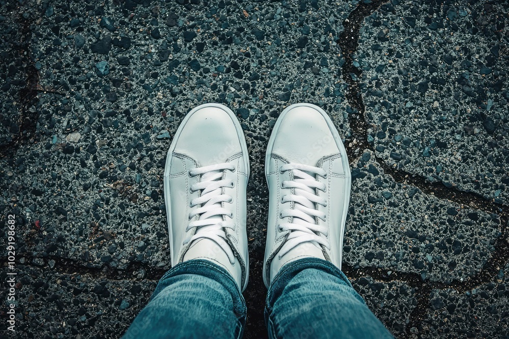 A pair of white sneakers with blue jeans on a gravel surface A pair of white sneakers with blue jeans on a gravel surface