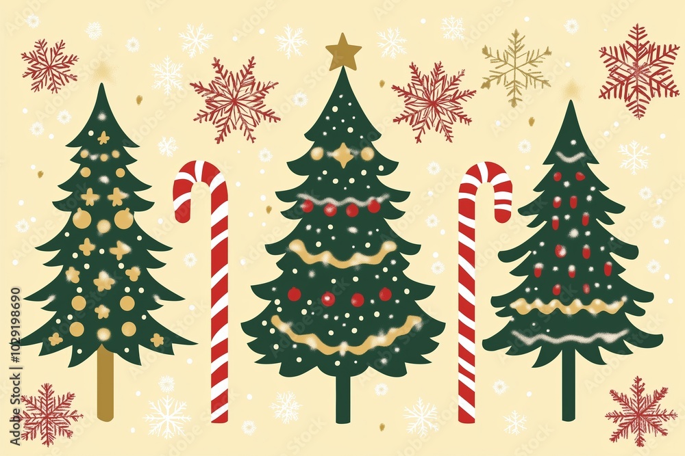 Seamless pattern, A cheerful holiday-themed illustration featuring three stylized Christmas trees in red and green adorned with stars and ornaments. Seamless pattern, A cheerful holiday-themed illustration featuring three stylized Christmas trees in red and green adorned with stars and ornaments.