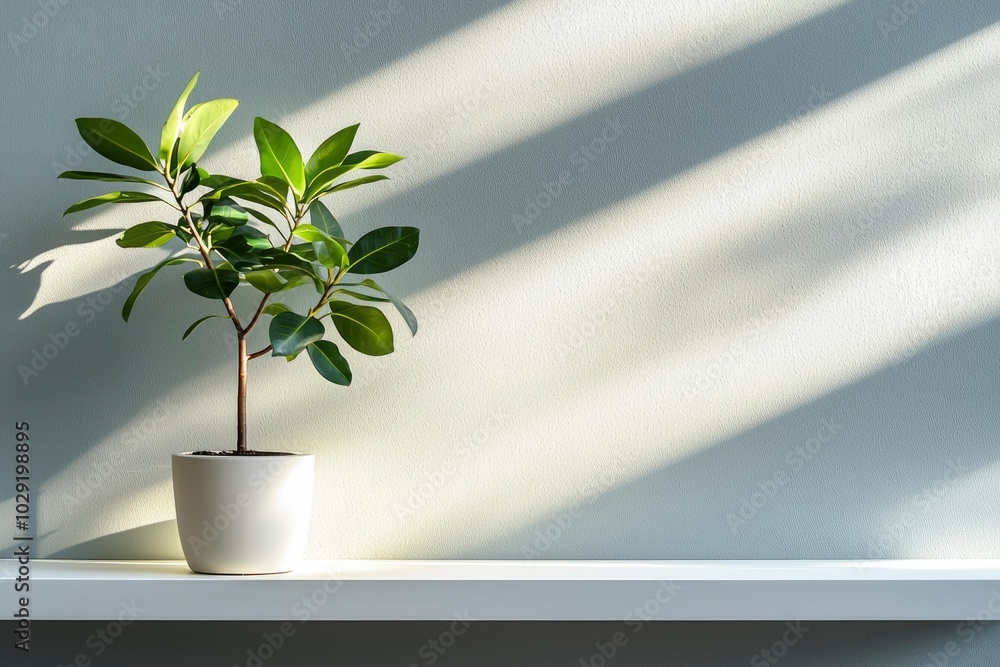 A potted plant with green leaves sits on a white shelf against a textured grey wall with diagonal shadows. A potted plant with green leaves sits on a white shelf against a textured grey wall with diagonal shadows.
