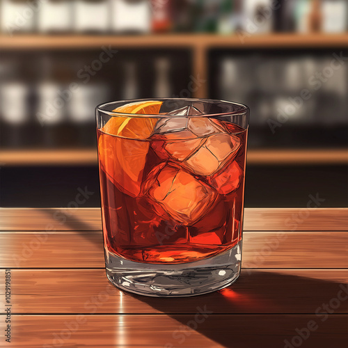 Classic Godfather Cocktail with Ice in Anime-Style Crystal Glass - Elegant Bar Illustration