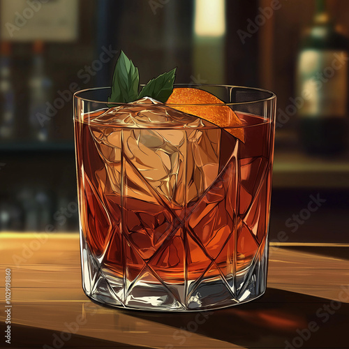 Godfather Cocktail in Crystal Glass with Ice - Cartoon-Style Anime Illustration