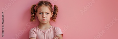 Young girl with pigtails wearing a pink shirt, standing against a pink background, demonstrating emotions, ideal for child development, emotional expression, and educational materials photo