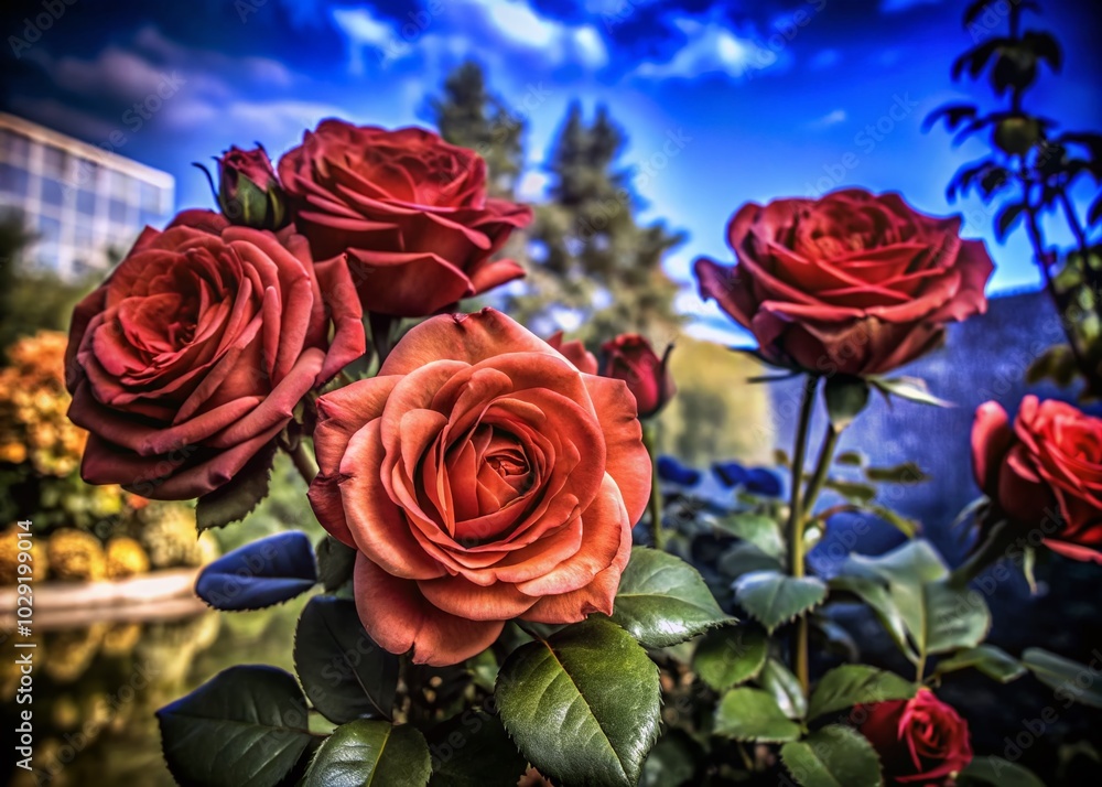 Fototapeta premium Stunning Double Exposure of Blooming Red Roses in a Vibrant Rose Garden