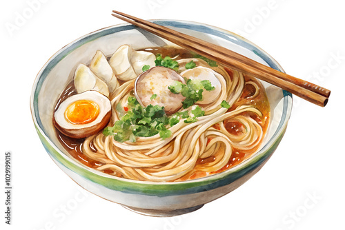 Watercolor hand drawn ramen noodles on a white background