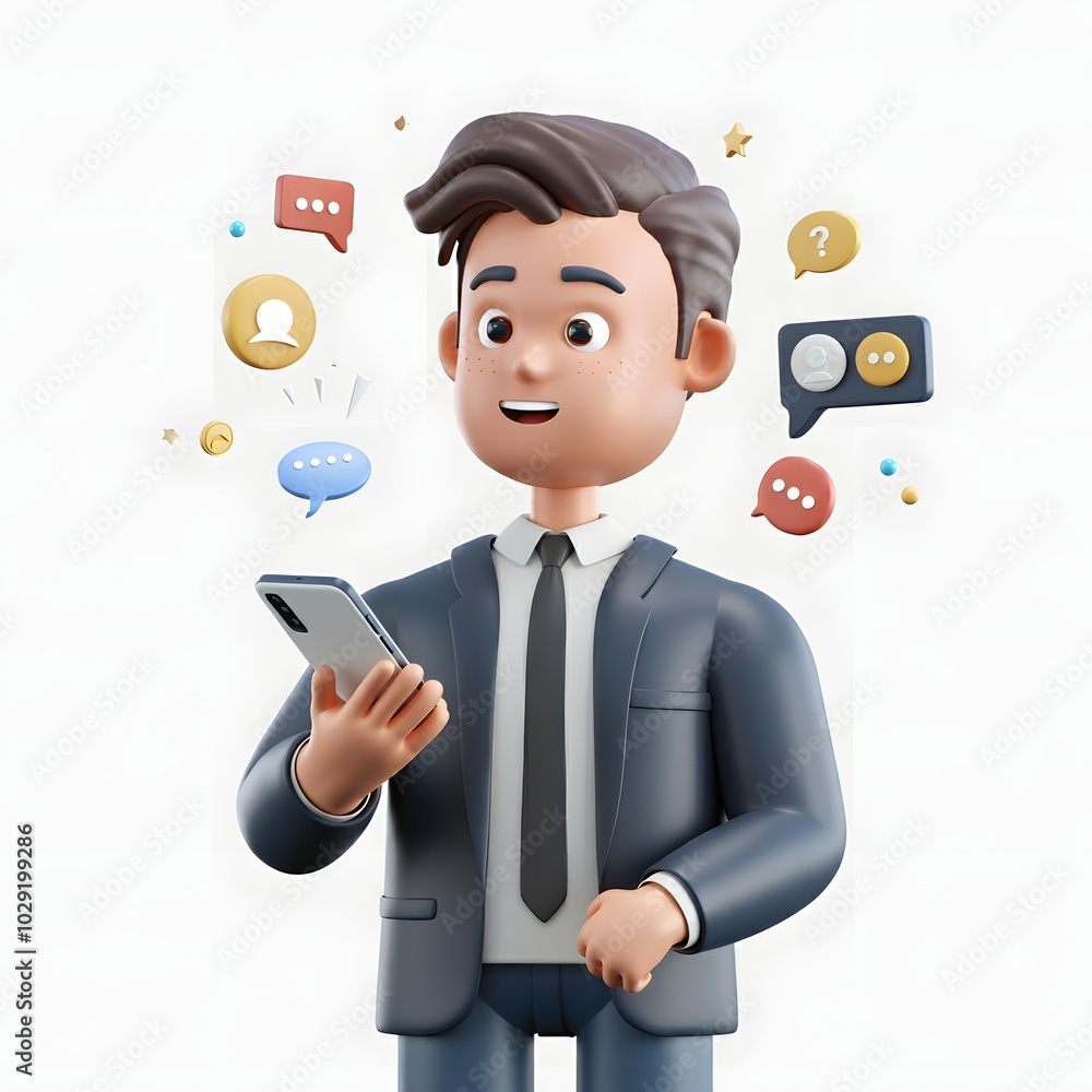 3D illustration of a character holding a smartphone, surrounded by colorful social media icons and communication symbols, set against a solid white background. Ideal for digital communication 3D illustration of a character holding a smartphone, surrounded by colorful social media icons and communication symbols, set against a solid white background. Ideal for digital communication