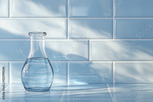 Glass Bottle with Water on a Blue Tile Surface