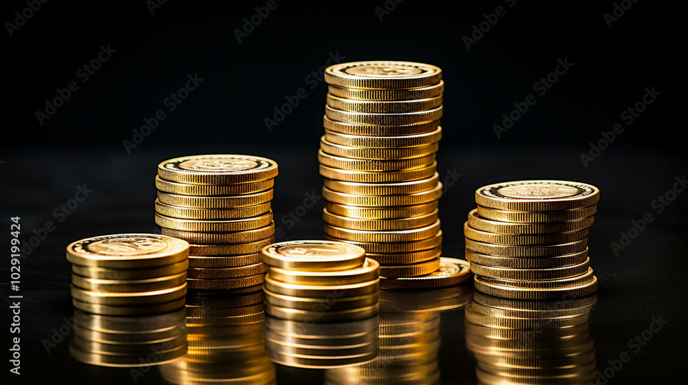 An arrangement of stacks of golden coins, meticulously positioned against a clean white background An arrangement of stacks of golden coins, meticulously positioned against a clean white background