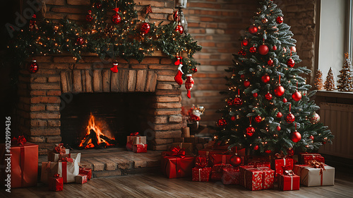 A Christmas tree with red ornaments and garland lights sits on a wooden table in a room with a blurred fireplace, gifts, and other decorations. This Christmas background banner has ample copy space.