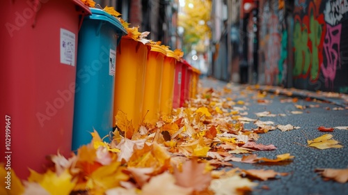 Autumn Leaves and Colorful Bins in Urban Setting