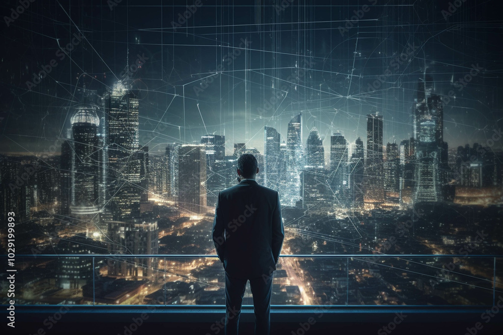 Back view of Confident Businessman icon network connection data with growth graph customer Back view of Confident Businessman icon network connection data with growth graph customer