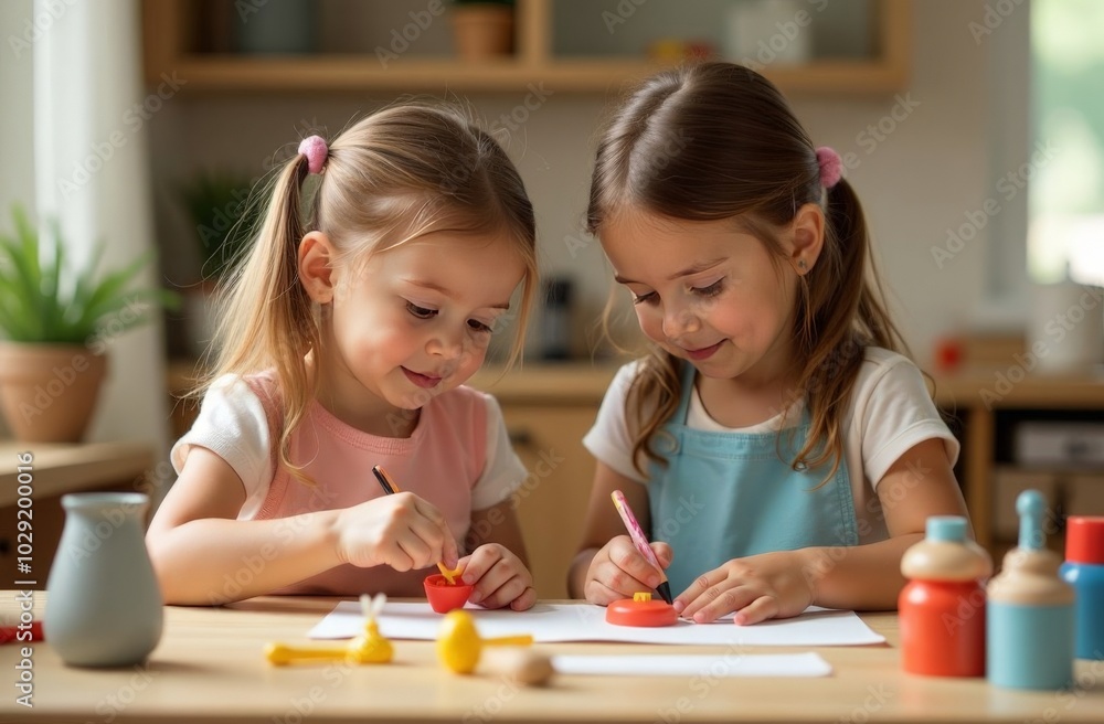 two girls sitting at the table and making crafts with their own hands, hand made two girls sitting at the table and making crafts with their own hands, hand made