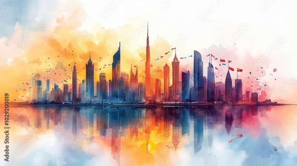 a vibrant watercolor scene depicting the skyline of a modern city with flags and festive elements celebrating saudi arabias national day flowing colors and dynamic composition a vibrant watercolor scene depicting the skyline of a modern city with flags and festive elements celebrating saudi arabias national day flowing colors and dynamic composition