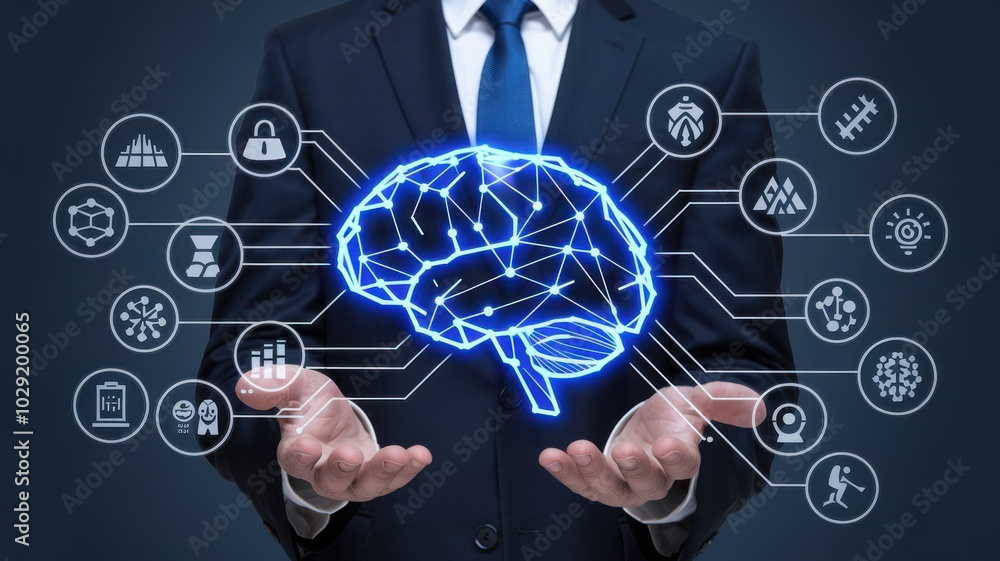 Man holding illuminated brain graphic, digital connectivity and technology concept. Man holding illuminated brain graphic, digital connectivity and technology concept.