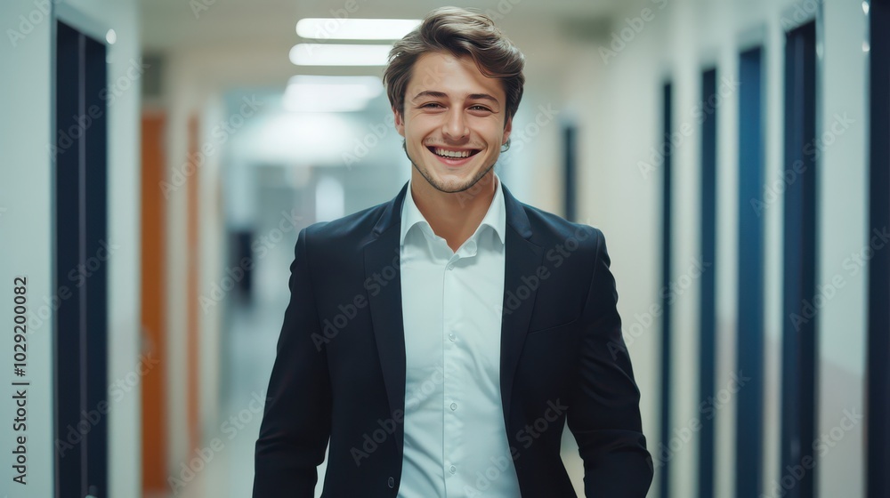 Young Man in Business Attire Smiling in Hallway Young Man in Business Attire Smiling in Hallway