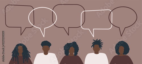 Black People Silhouettes. Community of Black Men and Black Women. Communication of Men and Women. People Icons with Speech Bubbles. Vector Illustration in Brown White Colors