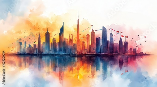 a vibrant watercolor scene depicting the skyline of a modern city with flags and festive elements celebrating saudi arabias national day flowing colors and dynamic composition