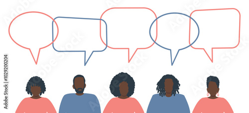 Black People Silhouettes. Community of Black Men and Black Women. Communication of Men and Women. People Icons with Speech Bubbles. Vector Illustration in Red Blue Colors